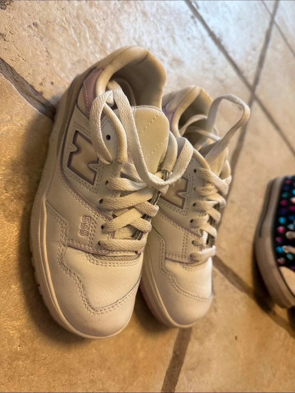 New Balance Kids White Sneakers with Light Purple Trim